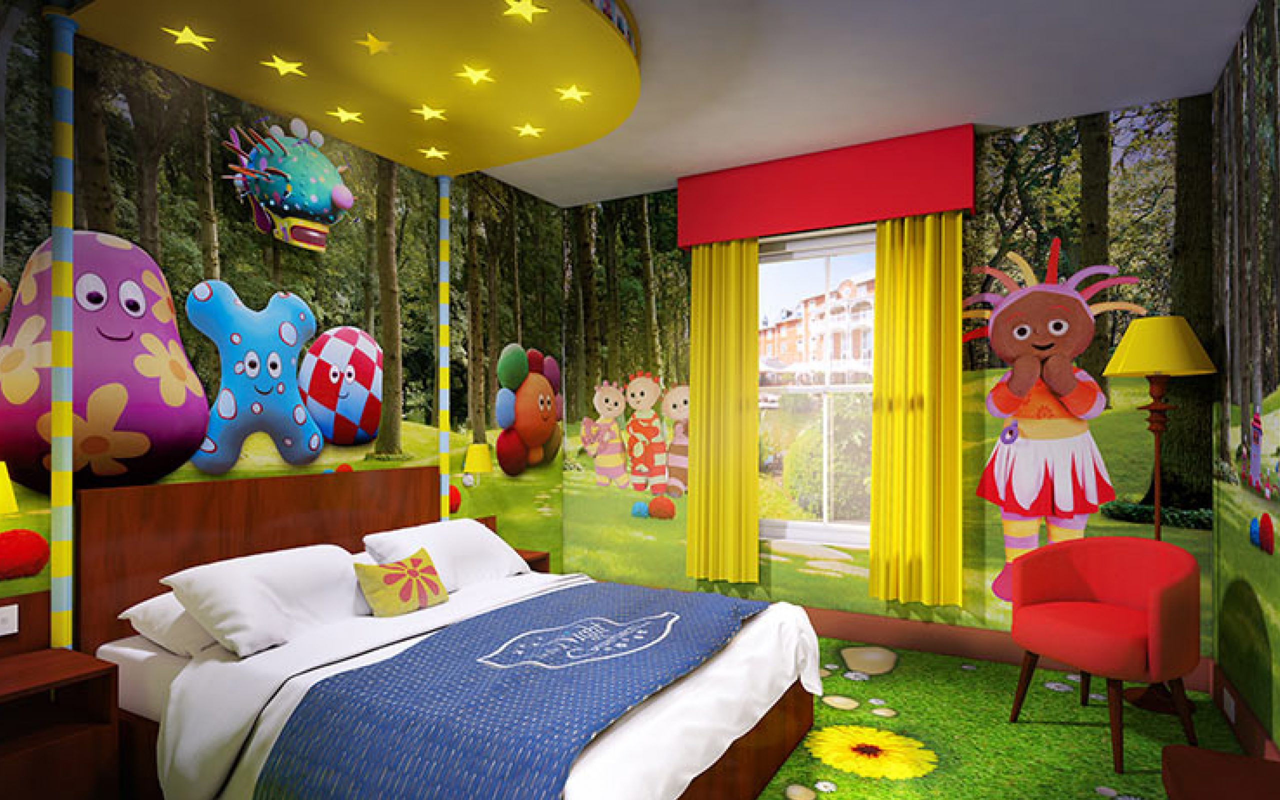 Inside an in the night garden themed hotel room