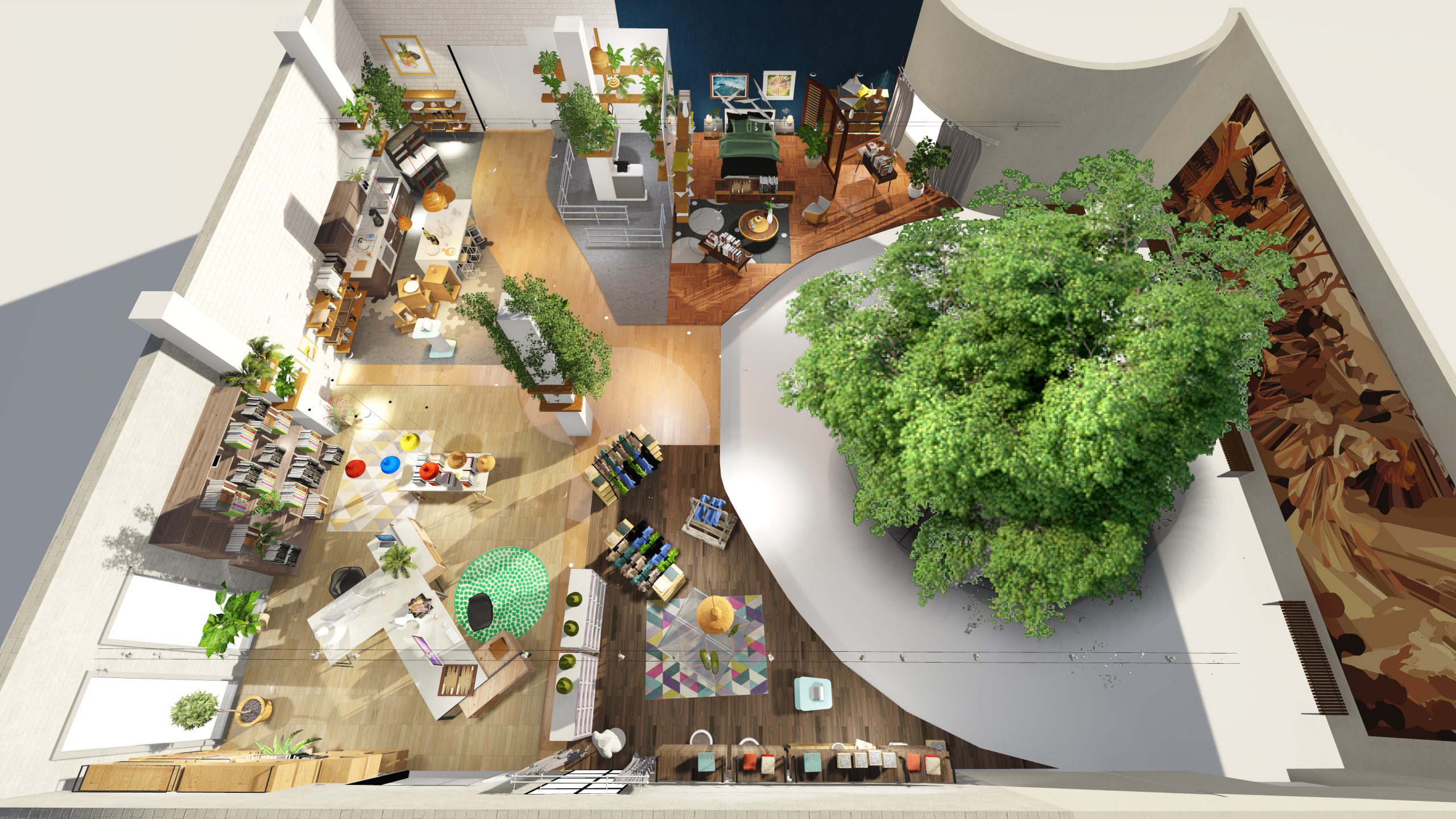 An overview concept image of an area with trees, bookcases and a kitchen area
