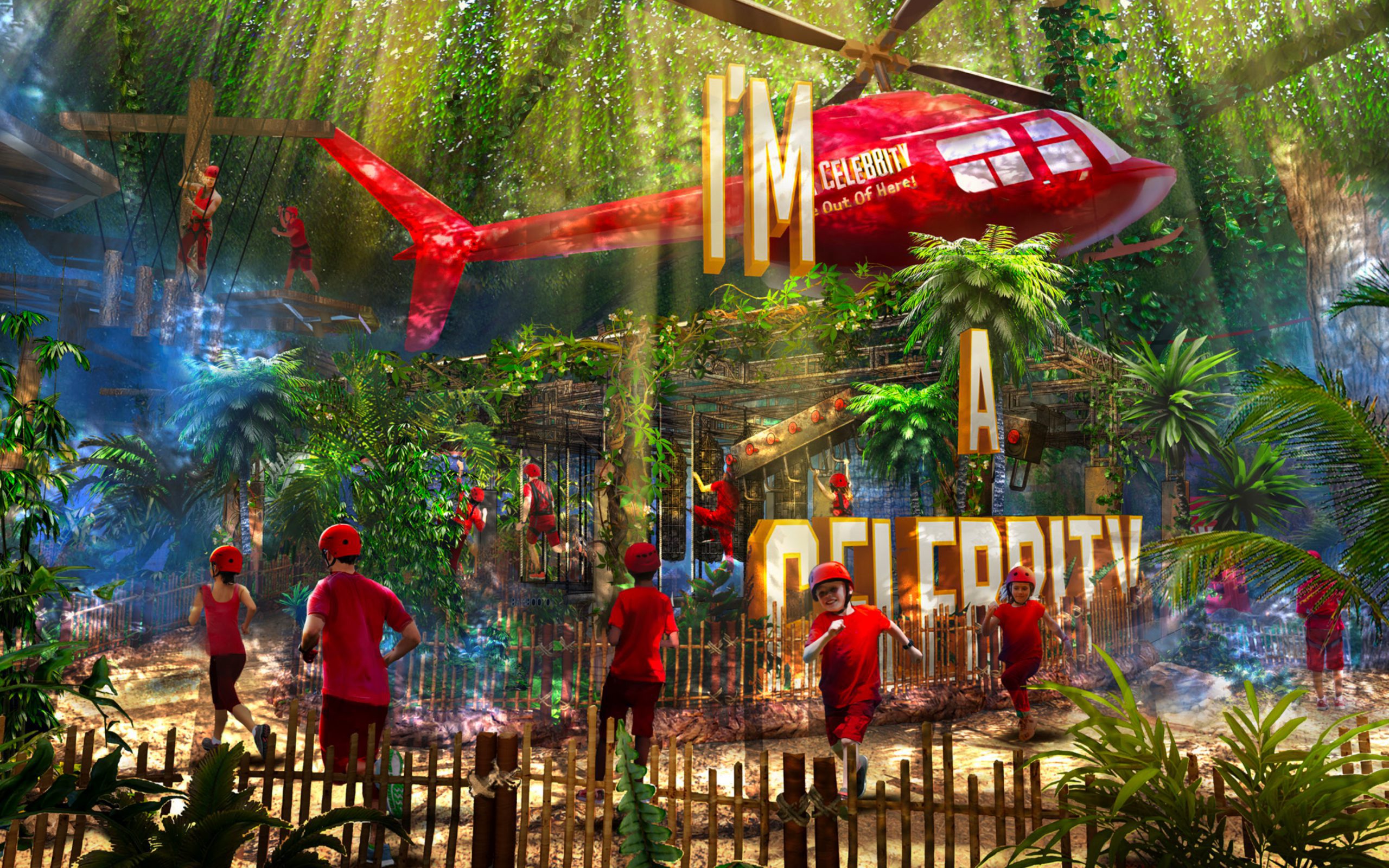 A concept image of inside an I'm a Celebrity themed attraction that is jungle themed