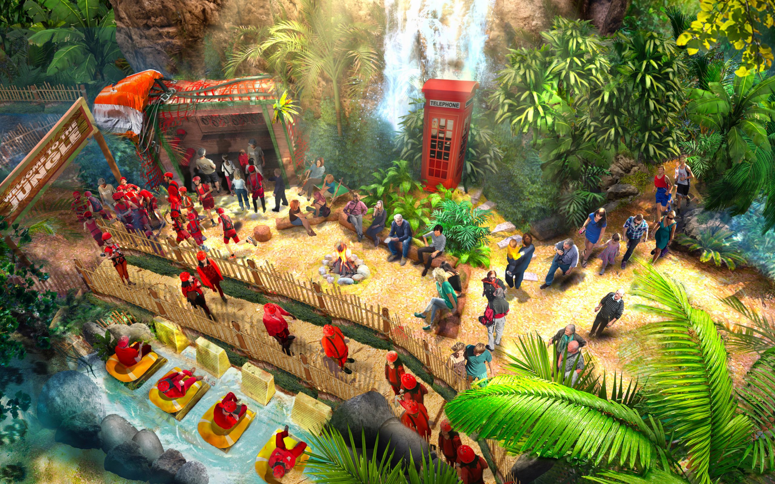 A concept image of inside an I'm a Celebrity themed attraction that is jungle themed