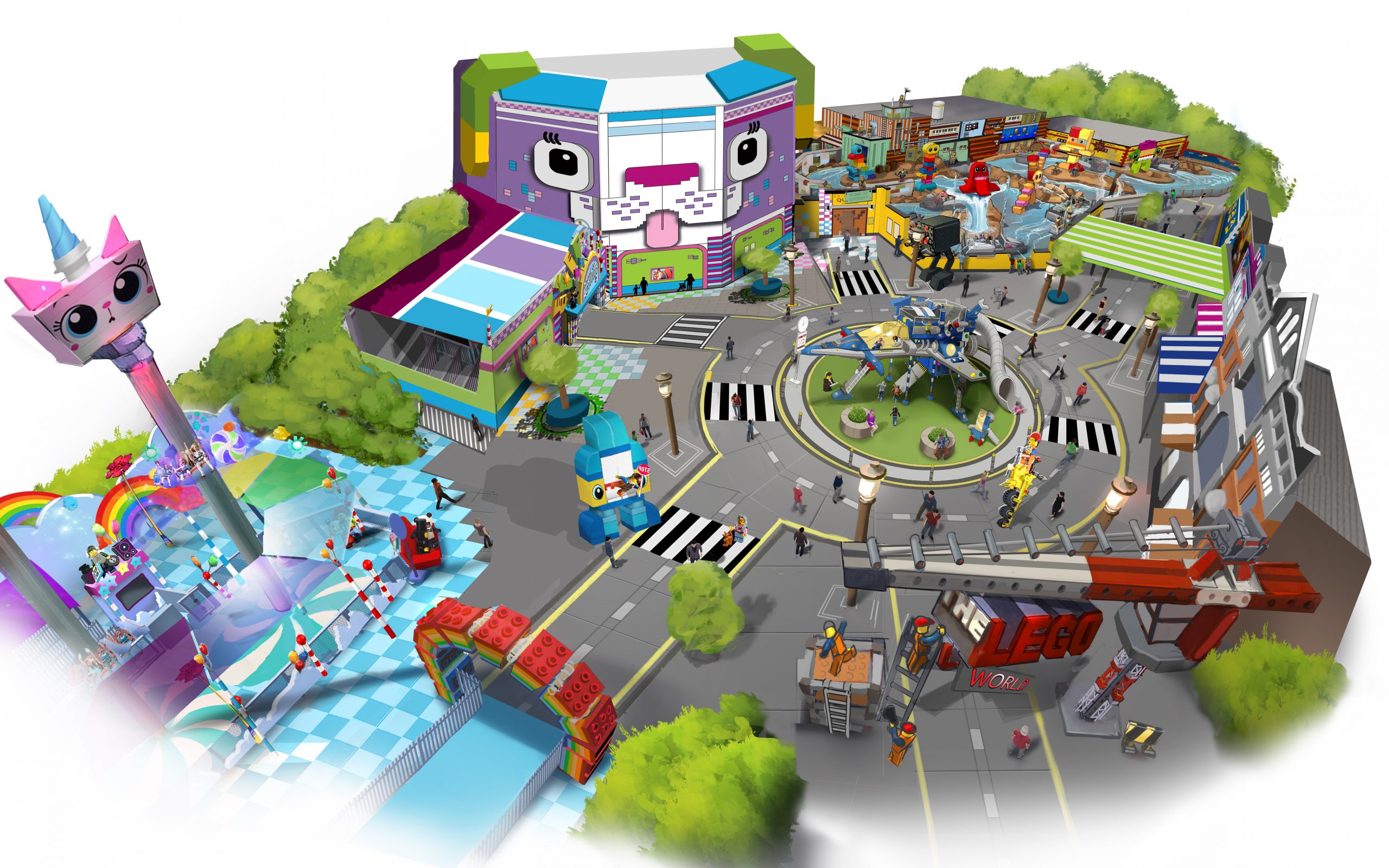 Unikitty themed drop tower area and walking areas