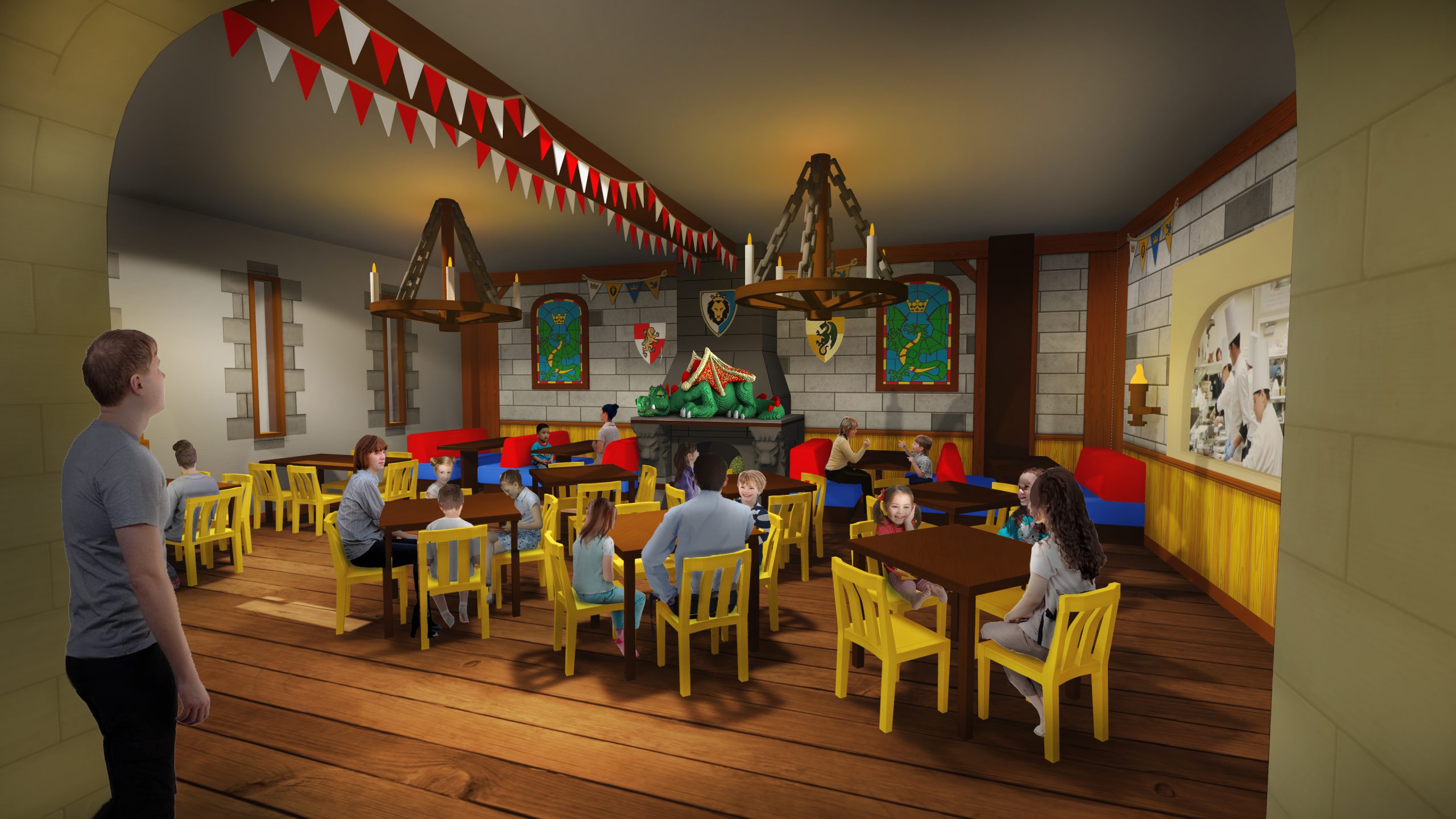 A concept image of a LEGO castle themed resturant room with brown tables and yellow chairs