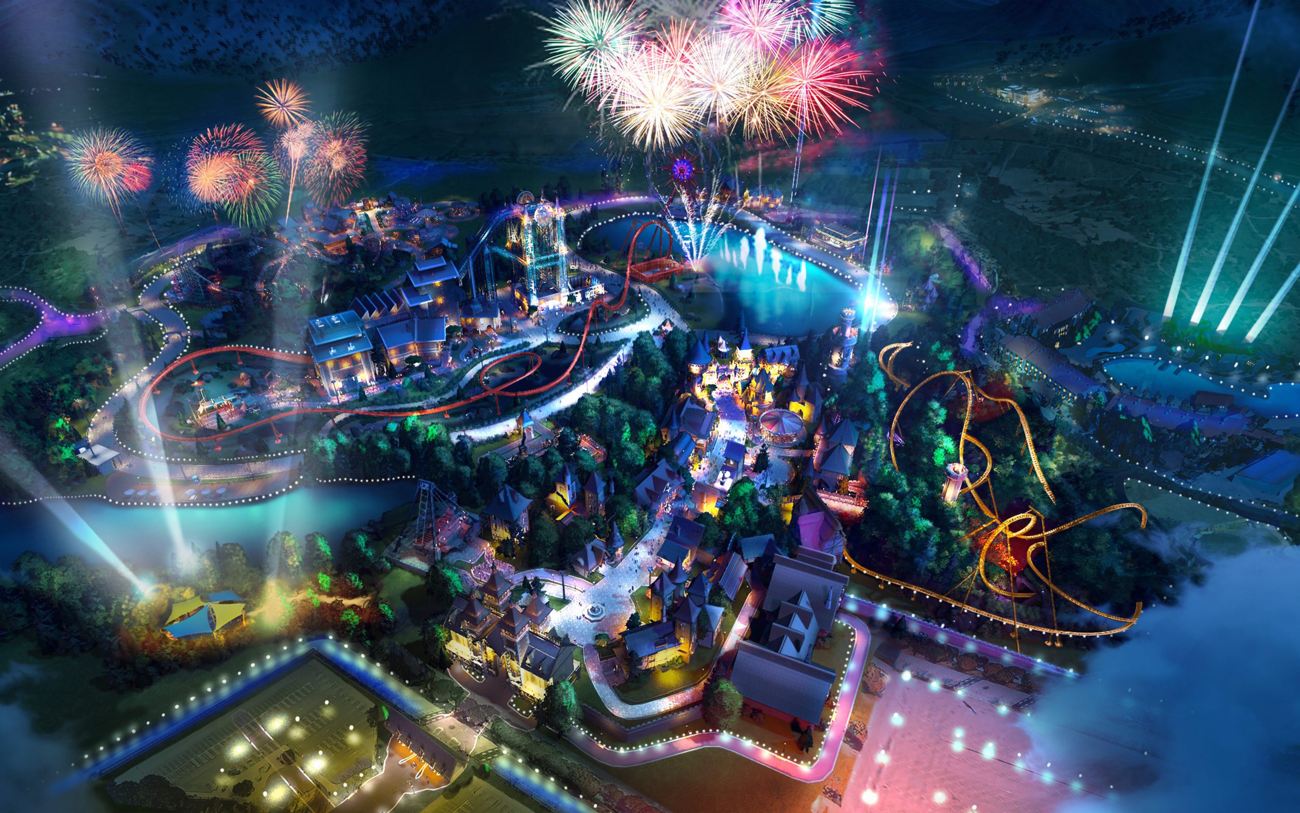 A concept image of a theme park area with bright colours
