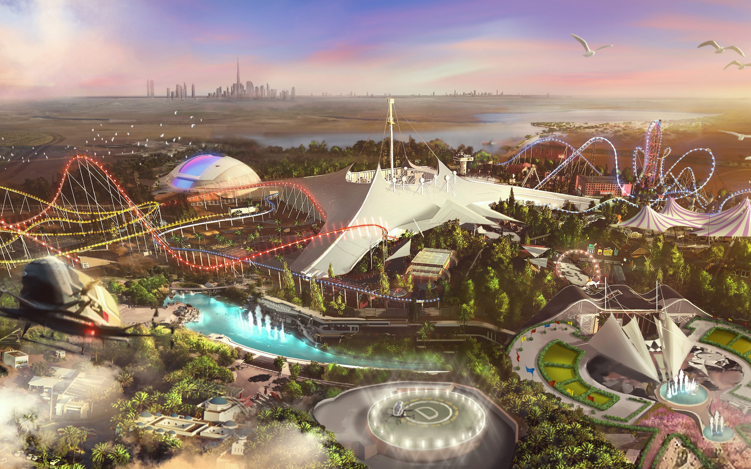 A concept image of a theme park area with bright colours and multiple rollercoasters