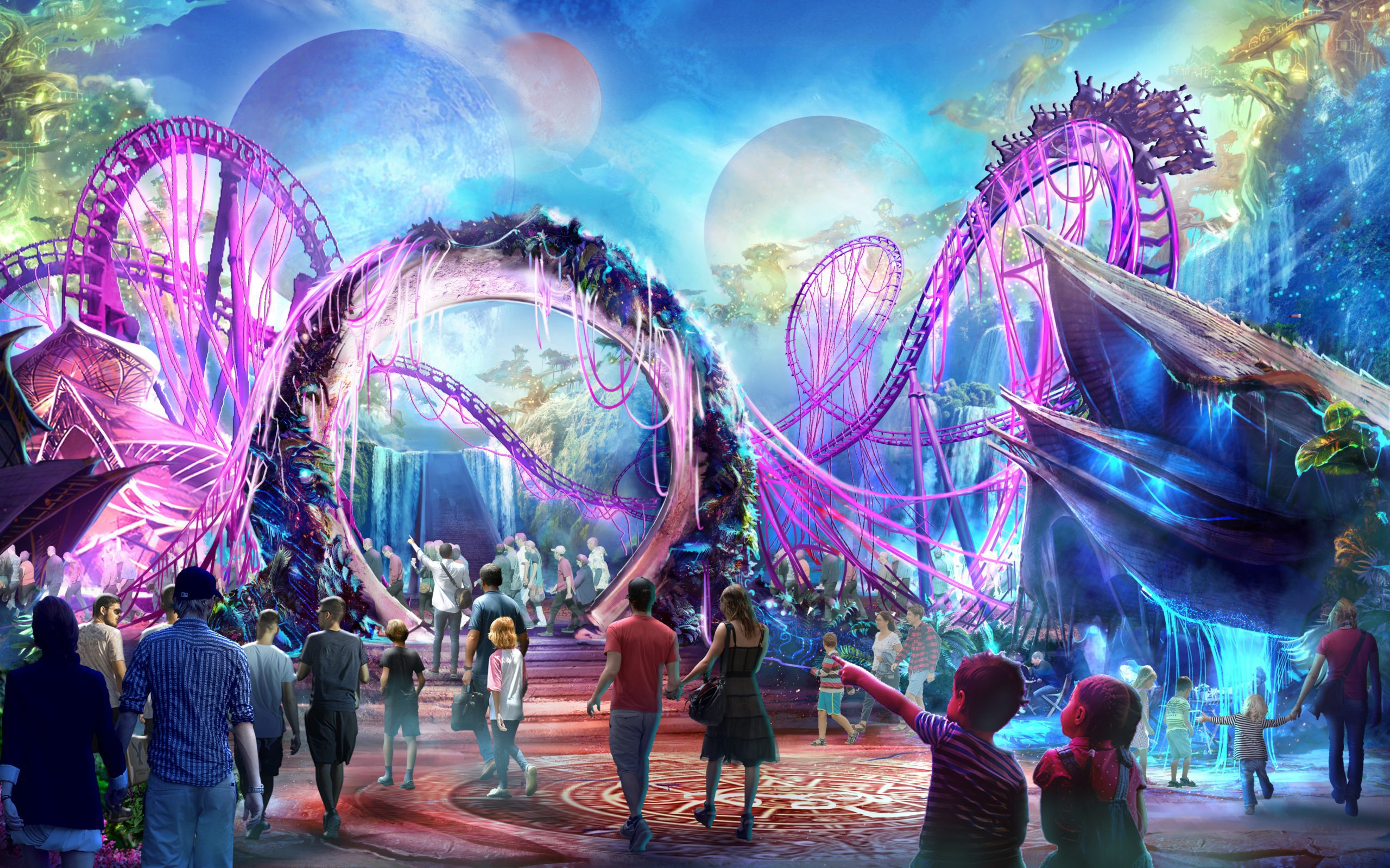 A concept image of a theme park area with bright colours and a rollercoaster