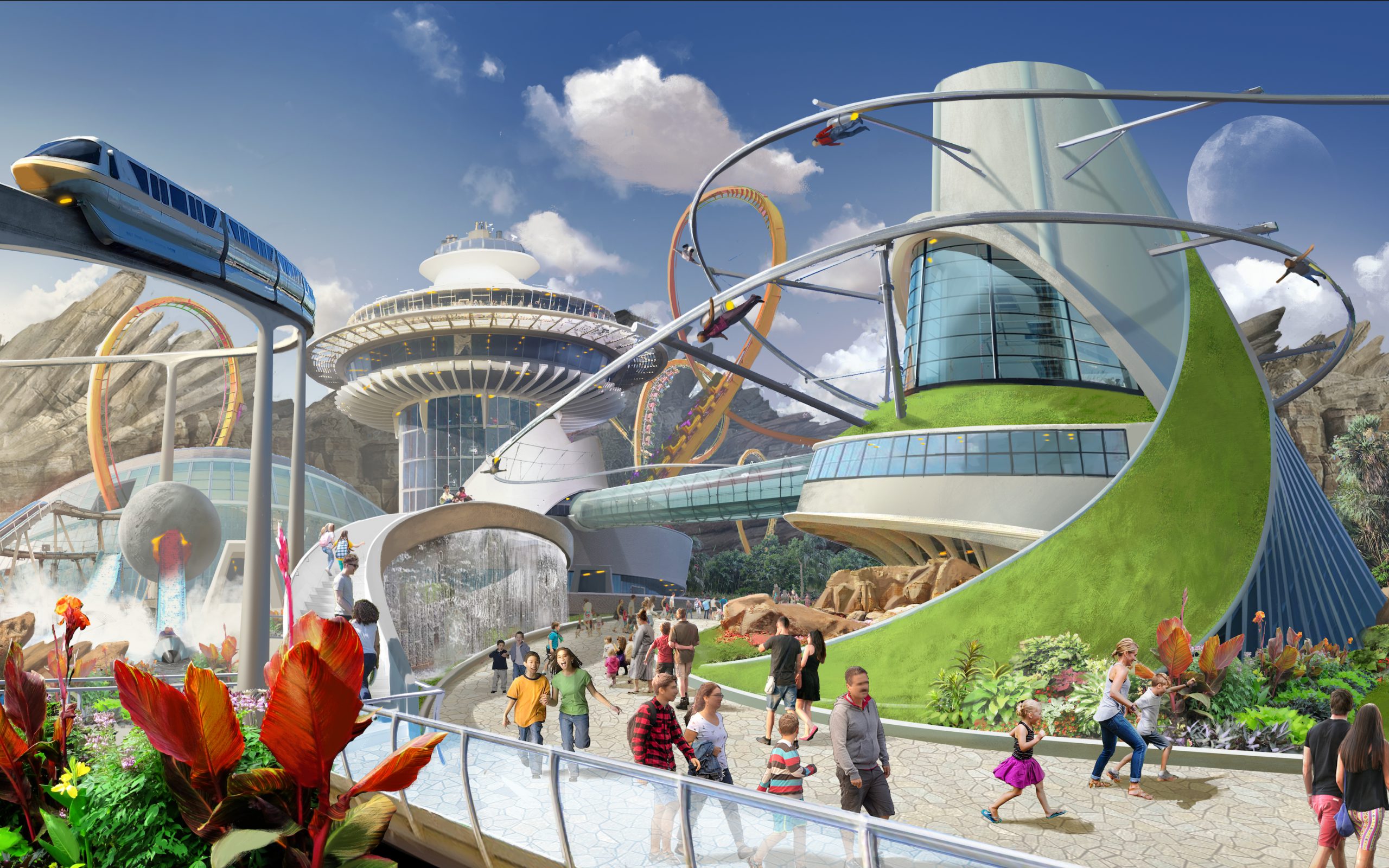 A concept image of a futuristic based theme park with people walking around