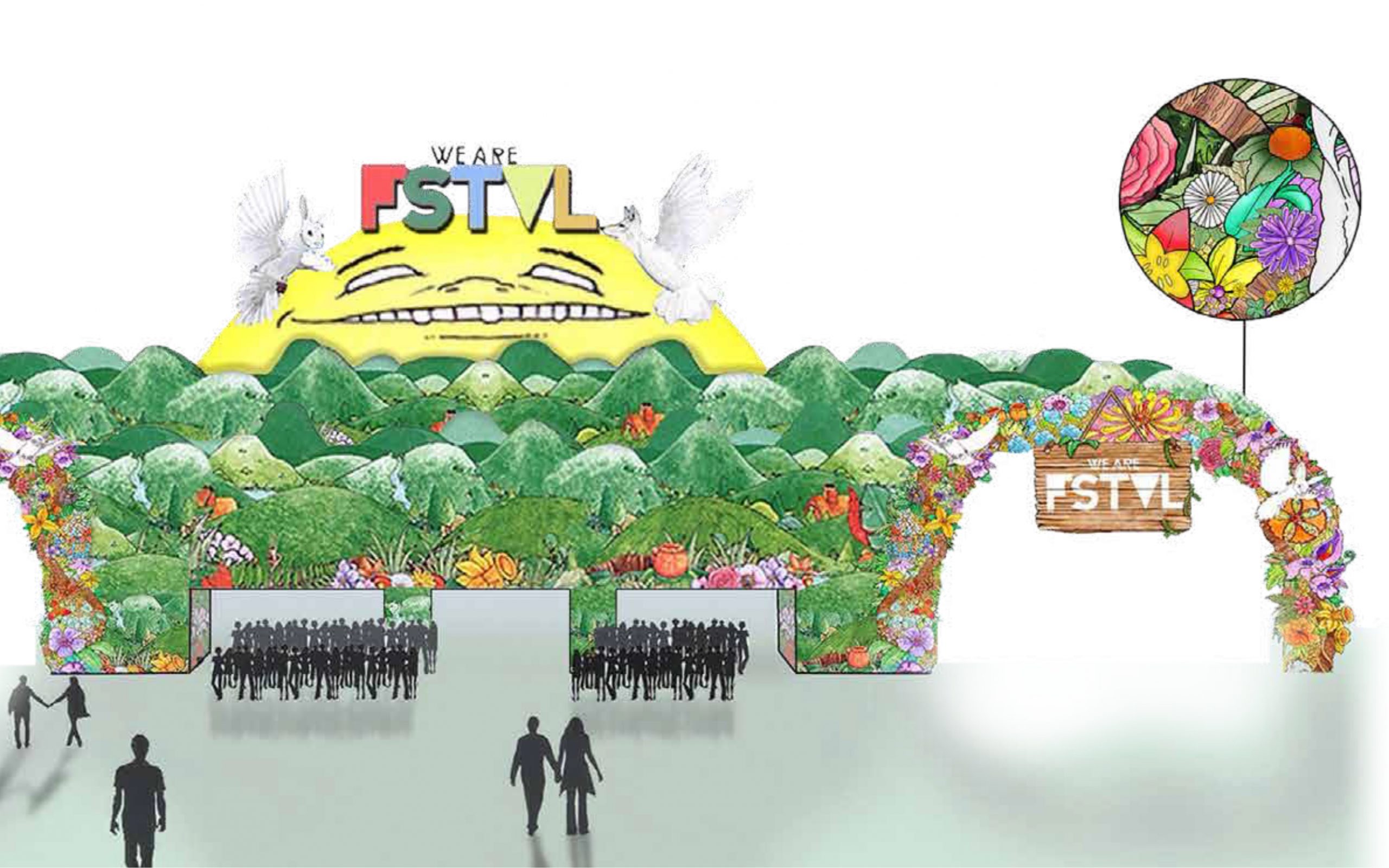A drawing of We Are Fstvl that includes plants and trees