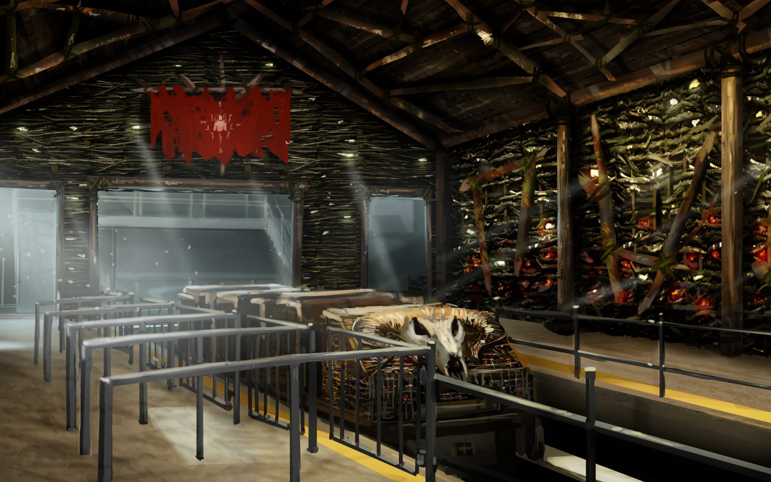 Concept image for a wood and fire based ride station