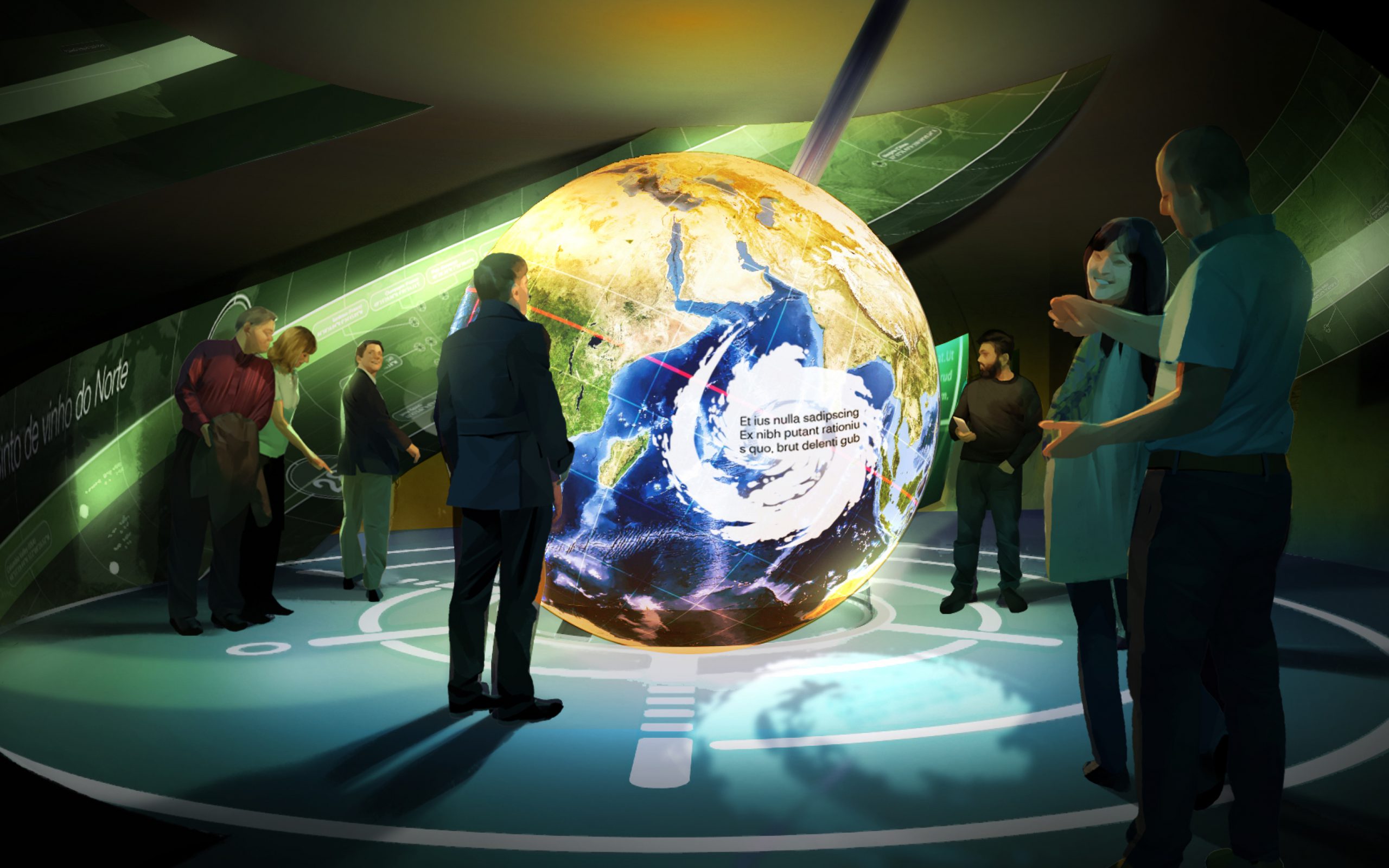 people gathering to look at a projected globe