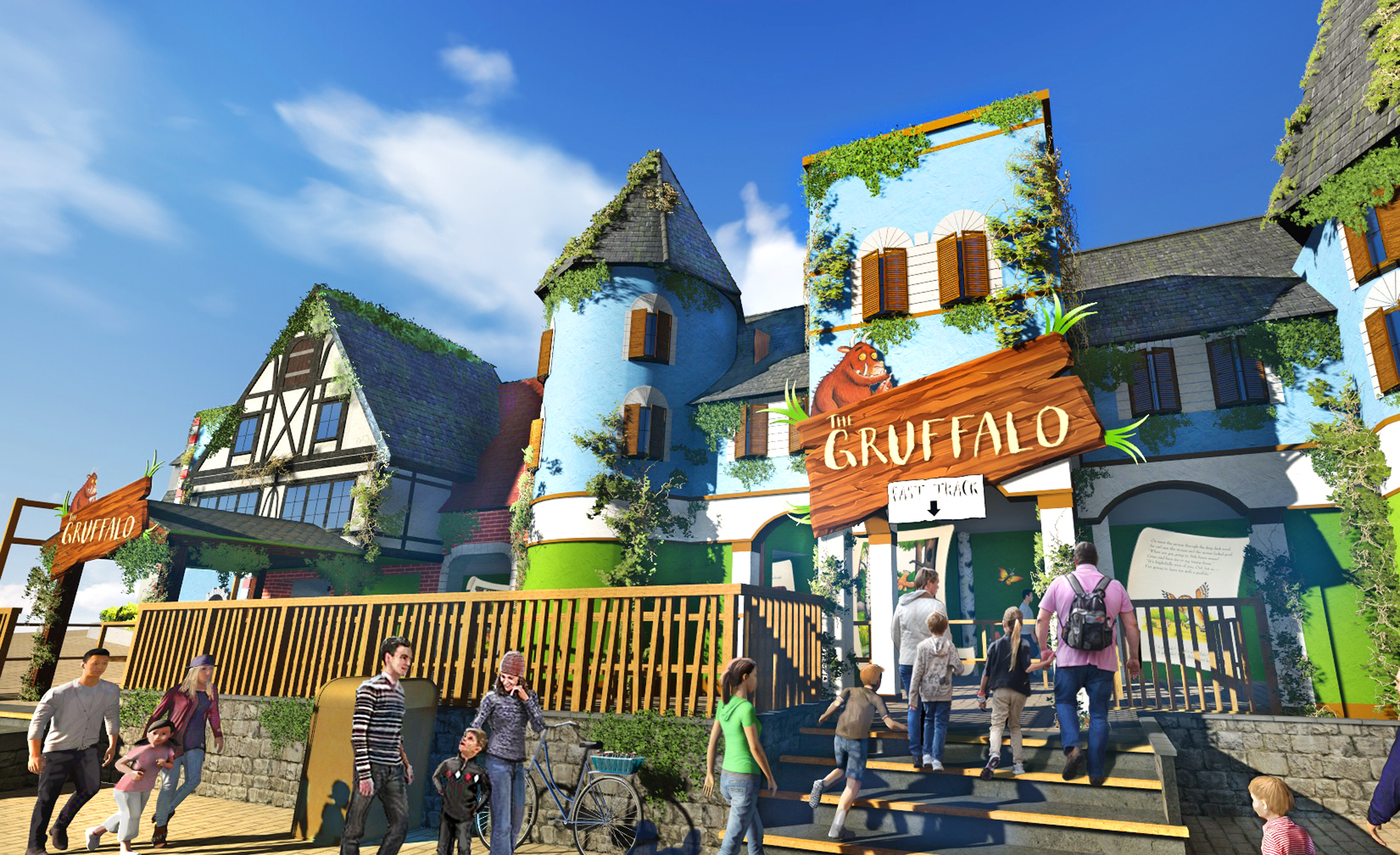 A concept image of the outside of The Gruffalo ride with people walking into the entrance