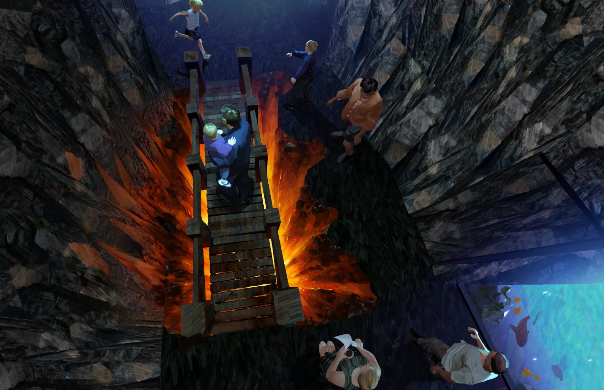 A concept image of people walking over a bridge with lava underneath