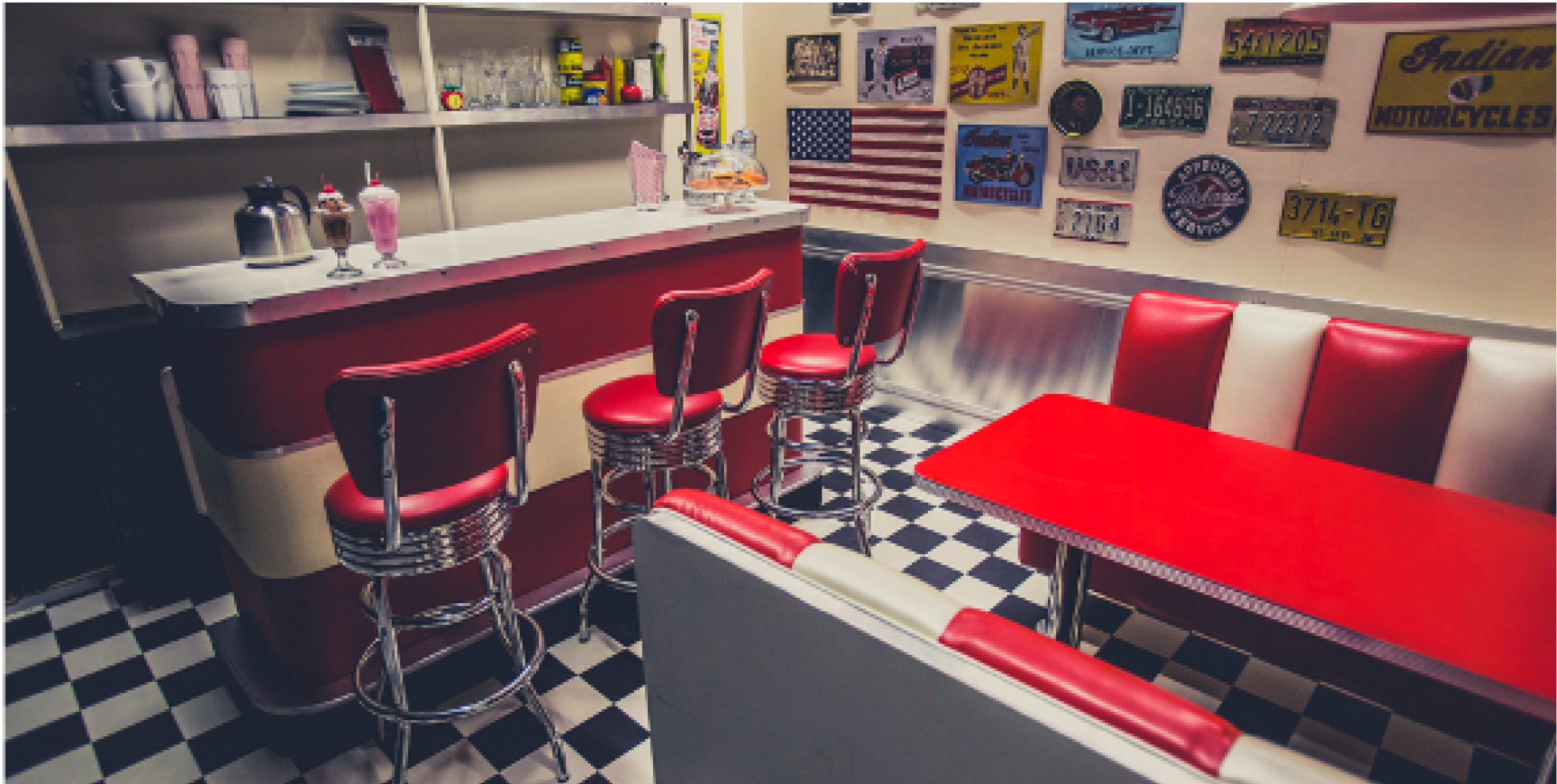 An American themed diner with milkshake on the counter