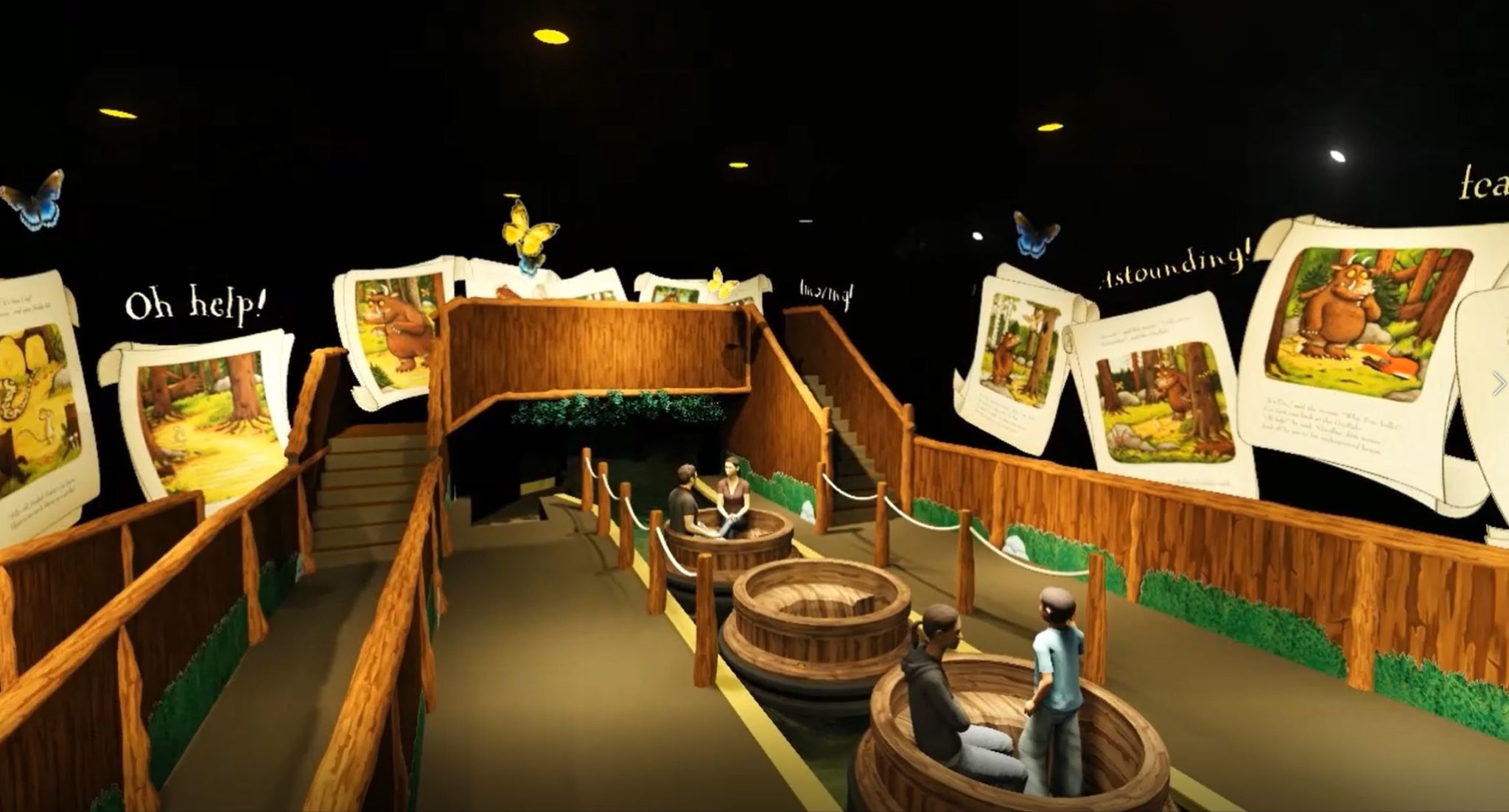 A concept image of a Gruffalo ride station with 3 boats in the station