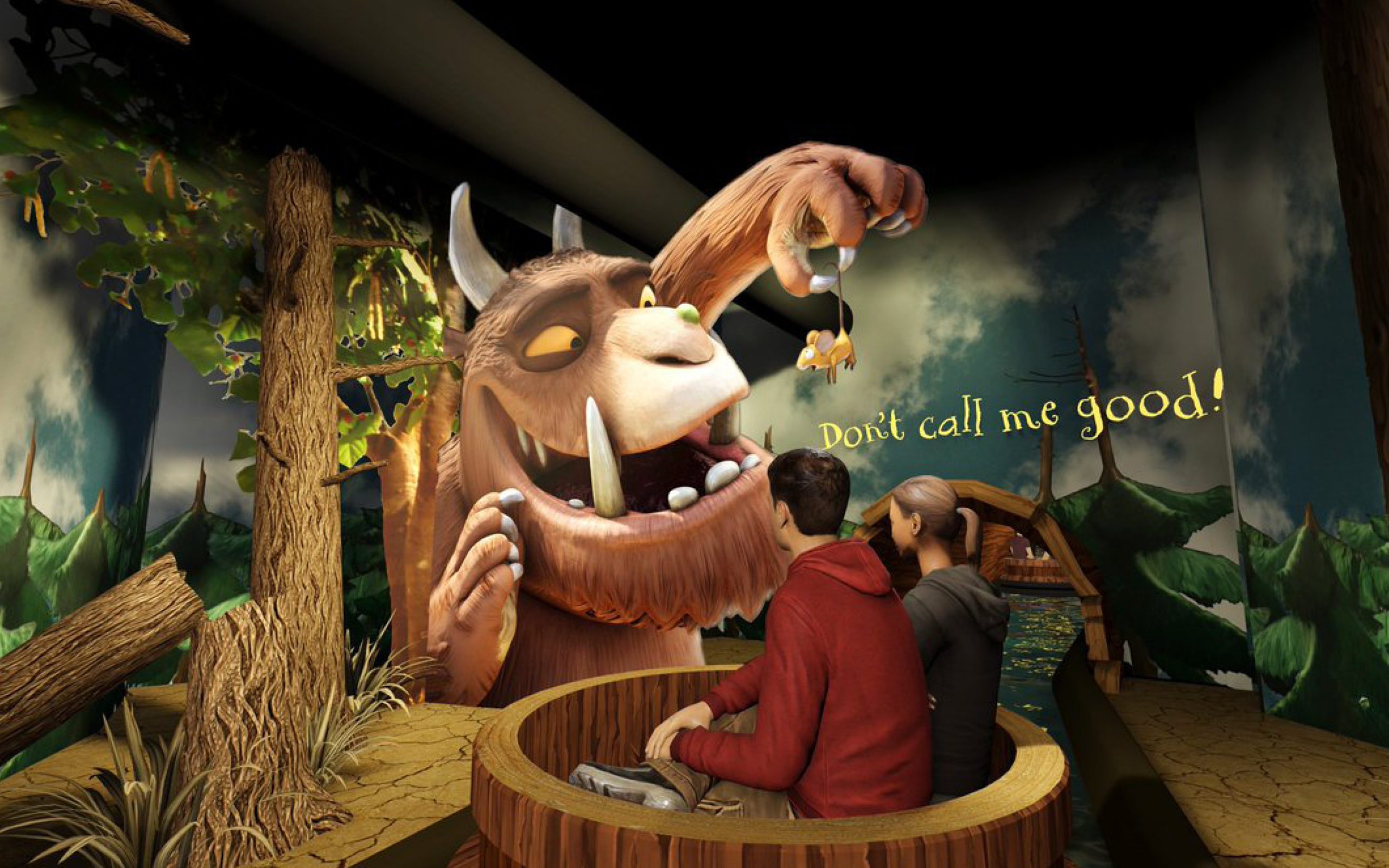 A concept image of The Gruffalo ride with 2 people in a boat