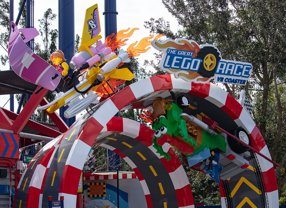 The entrance to The Great LEGO race VR coaster with LEGO sculptures around