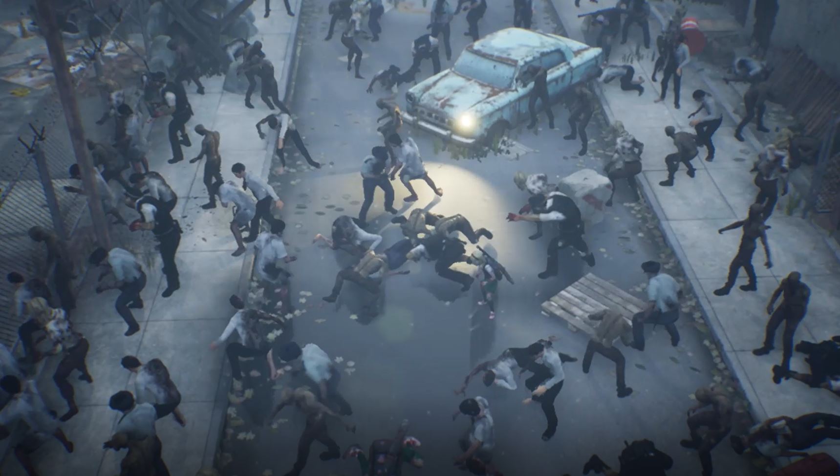 A scene of zombies in a street with a ruined car