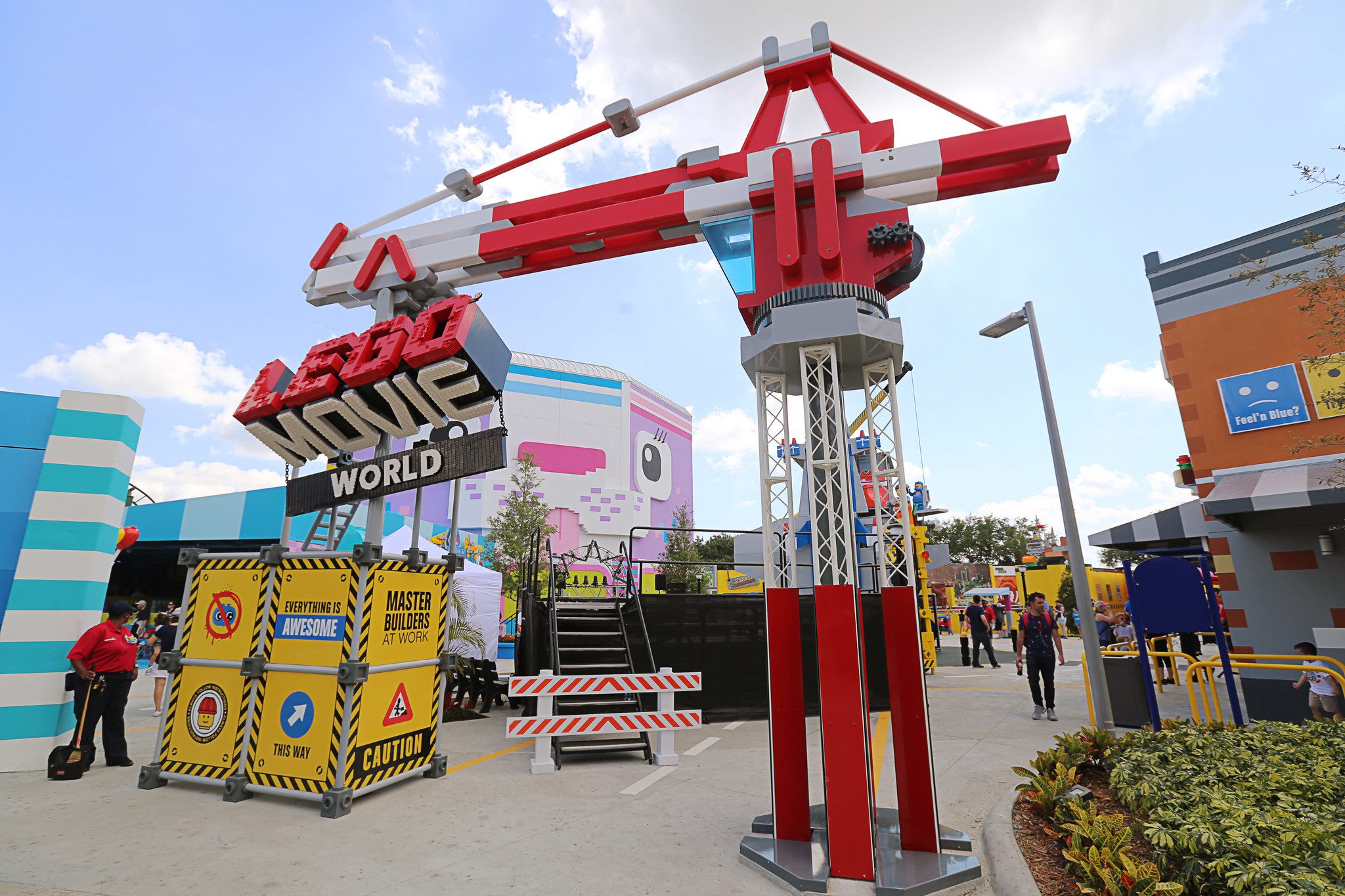 The entrance to LEGO movie world park with LEGO figures around