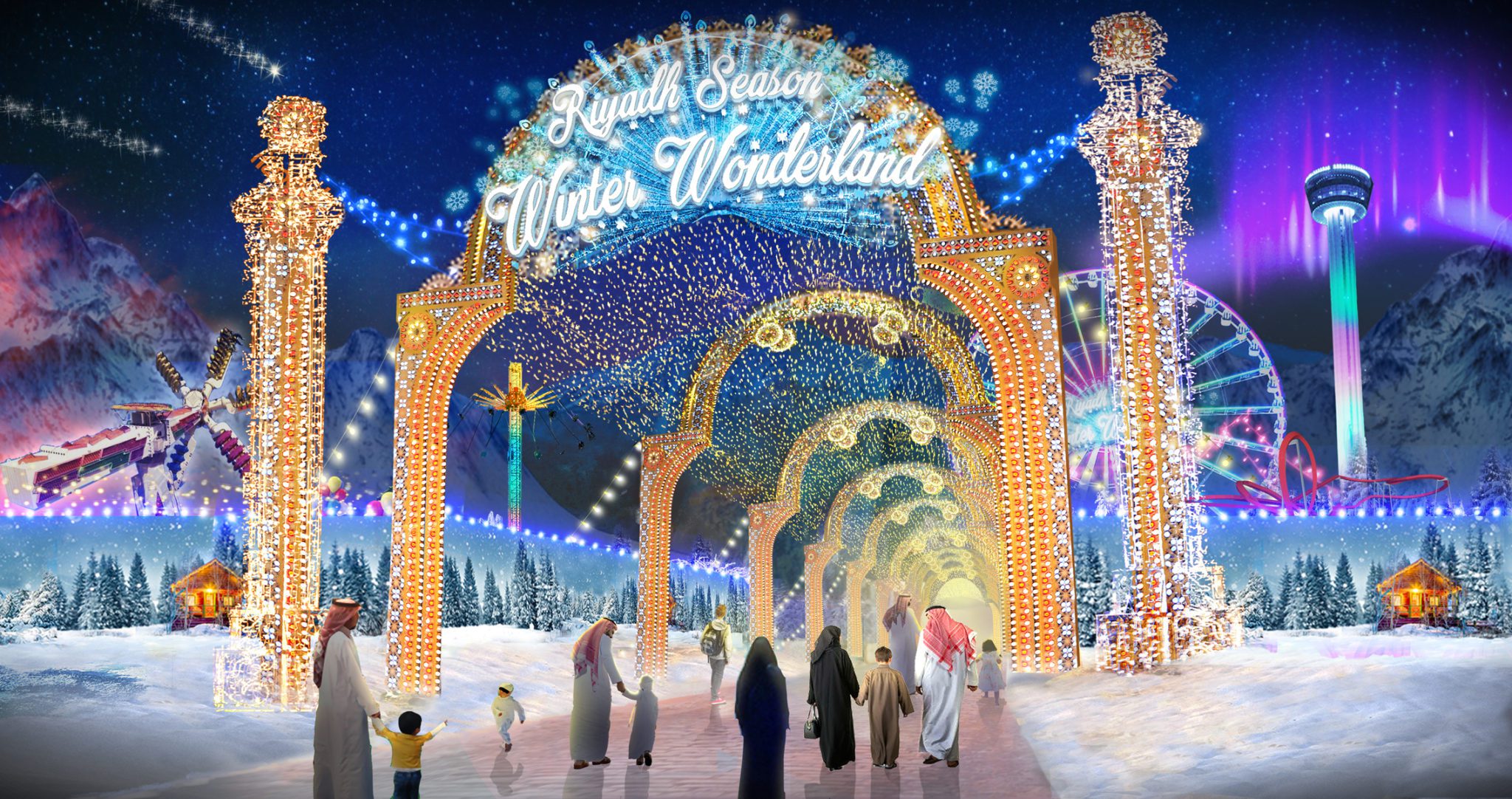 A large entrance way to Winter Wonderland with a wide range of different lights