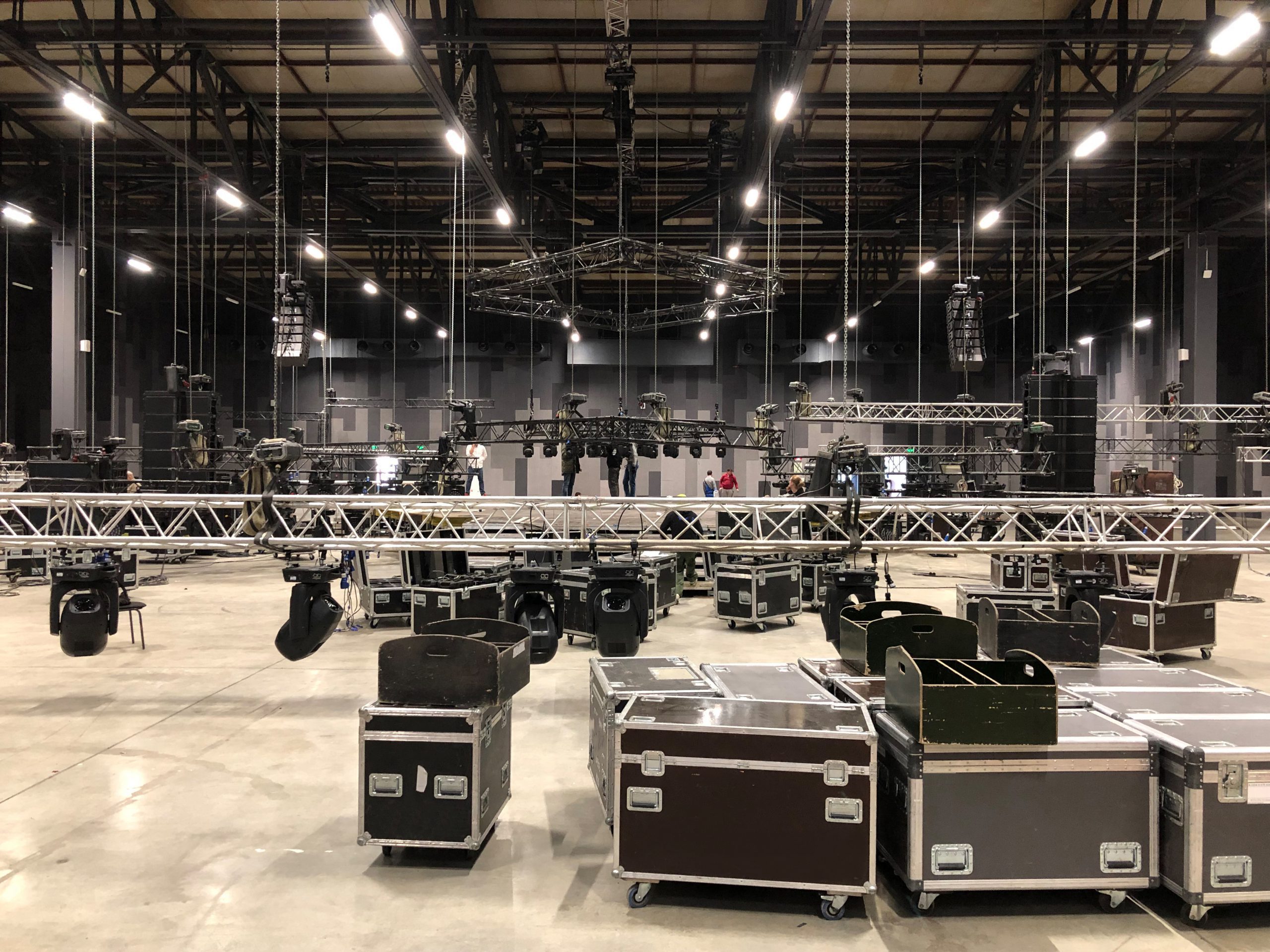 Sound equipment being installed in a large building