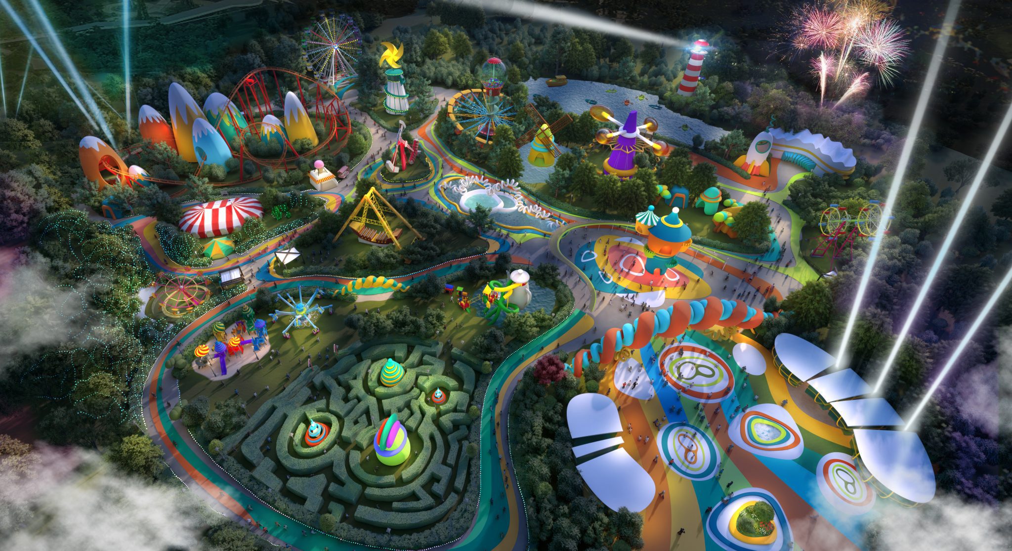An above shot of a childrens theme park with bright colours that include a grass maze and multiple rides