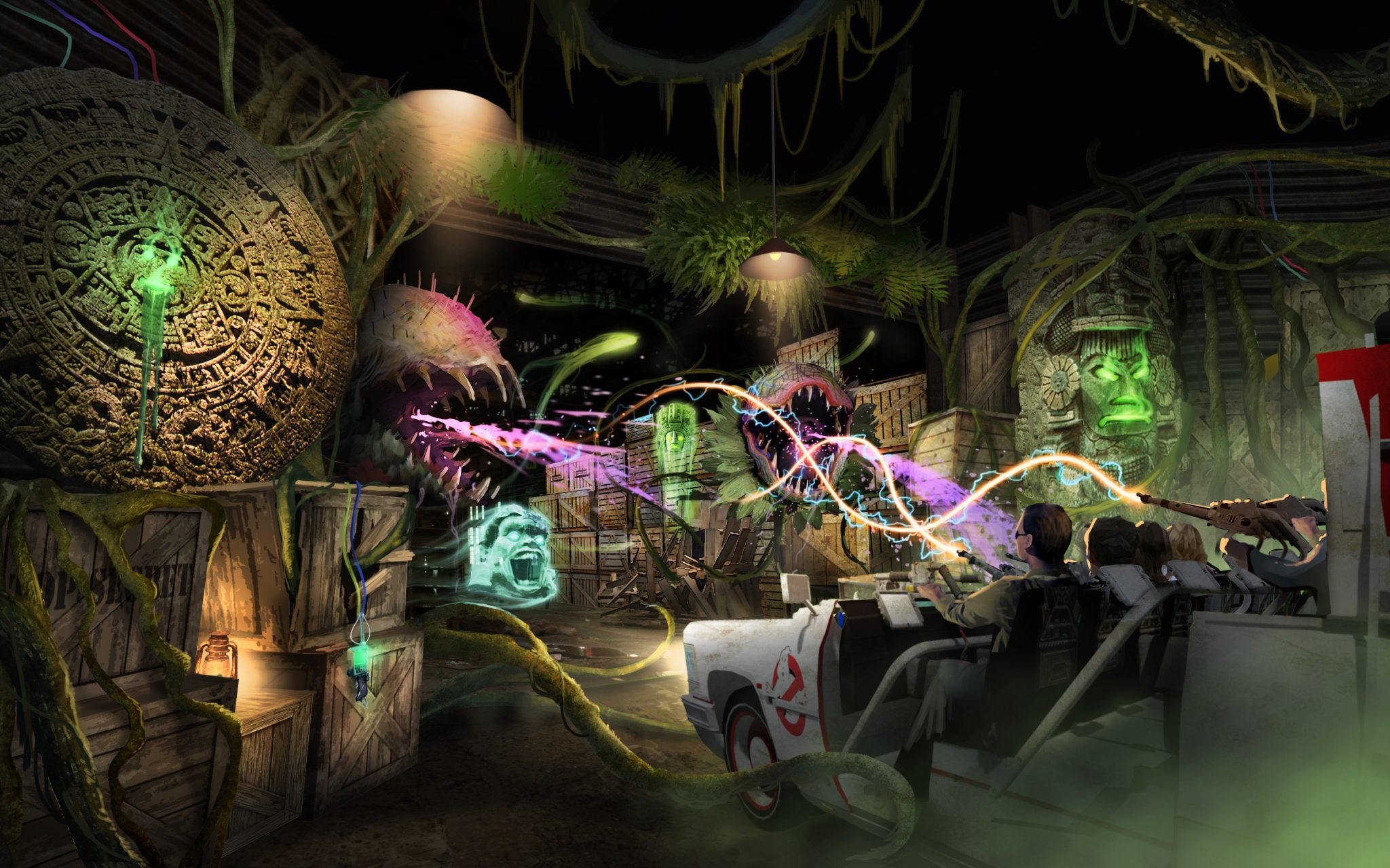 A concept image of inside a Ghostbusters ride with people shooting coloured rays from a Ghostbusters car