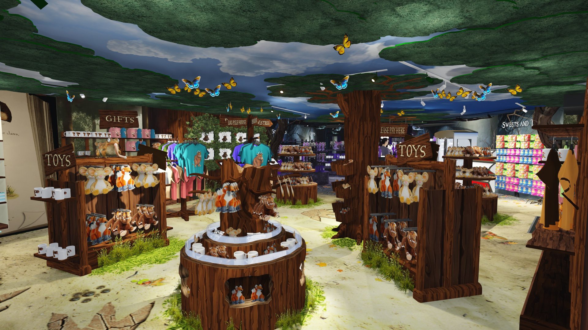 A concept image of a Gruffalo themed gift shop with soft toys and t-shirts on display