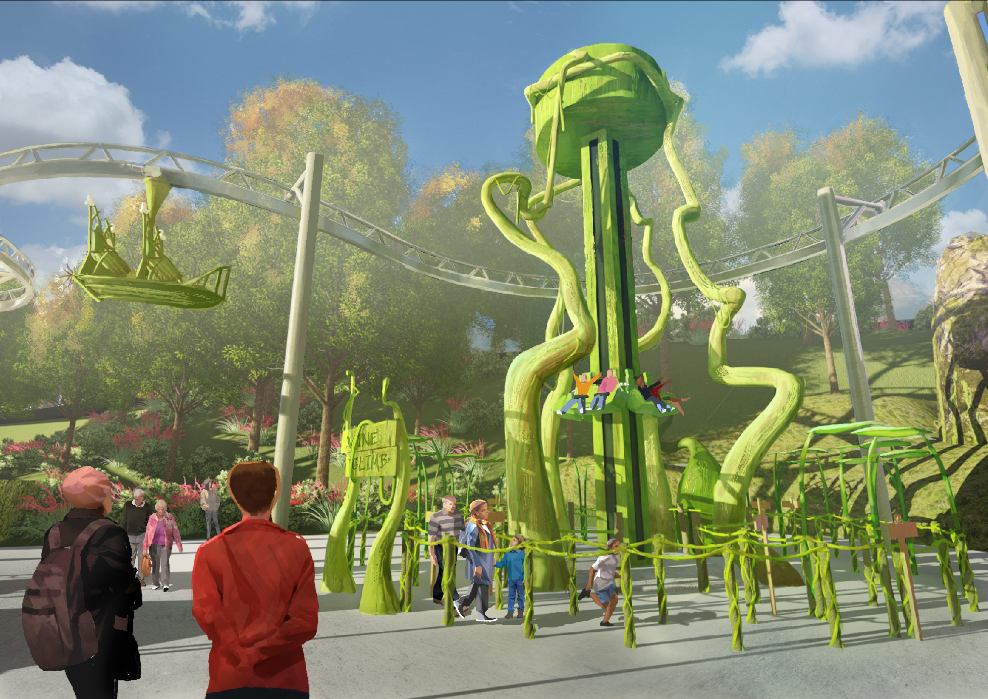 A green Drop tower attraction at Theme Park with vines