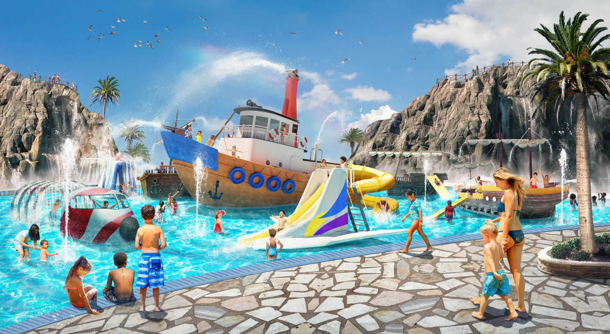 A side view of a shipwreck based waterpark with people walking around