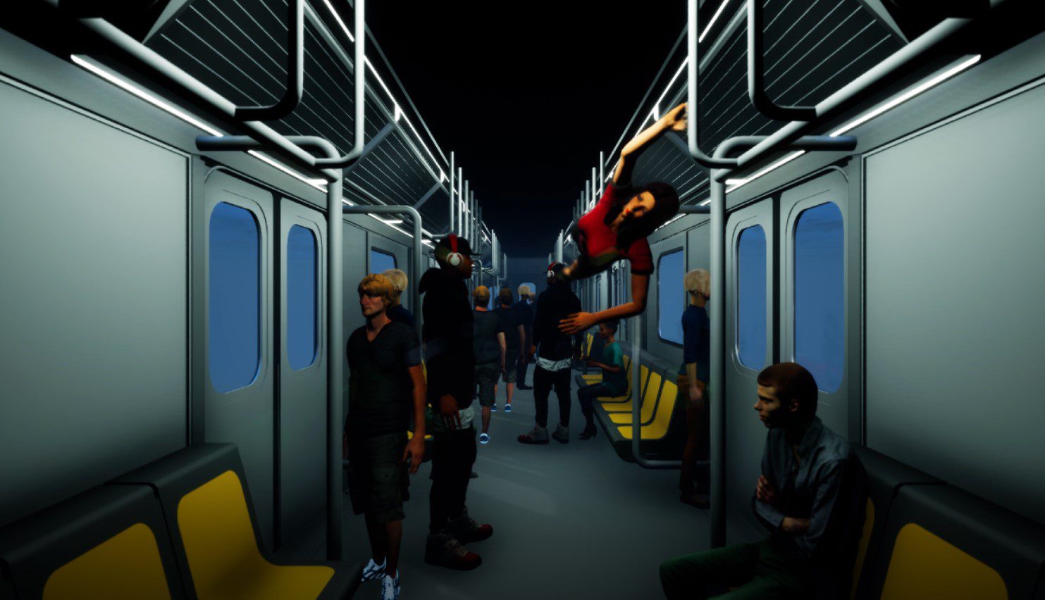 An underground carriage with people inside, with someone in the air