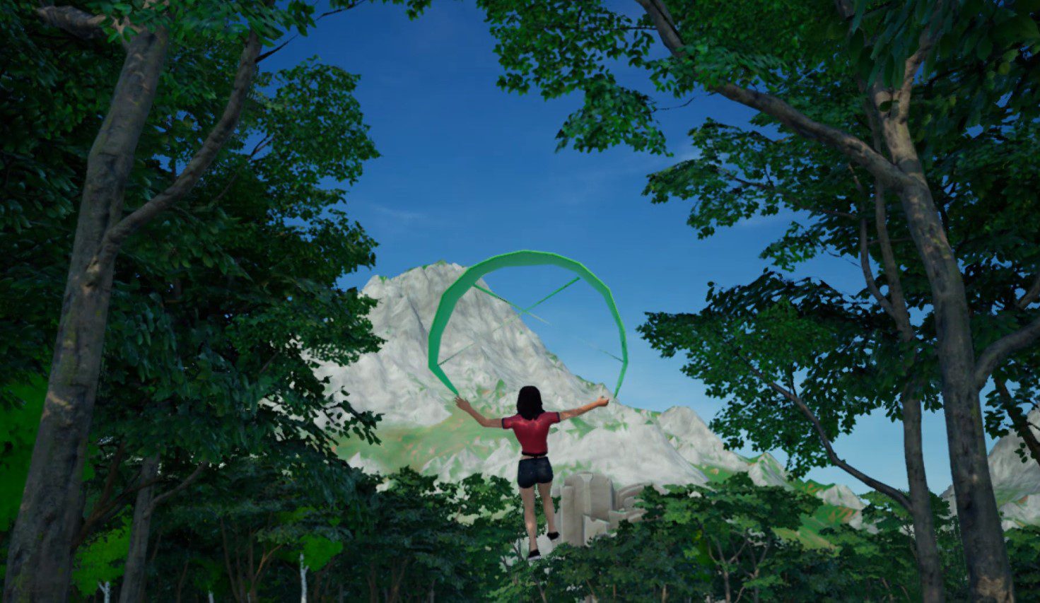 An animated person holding a curved green object in a forest environment