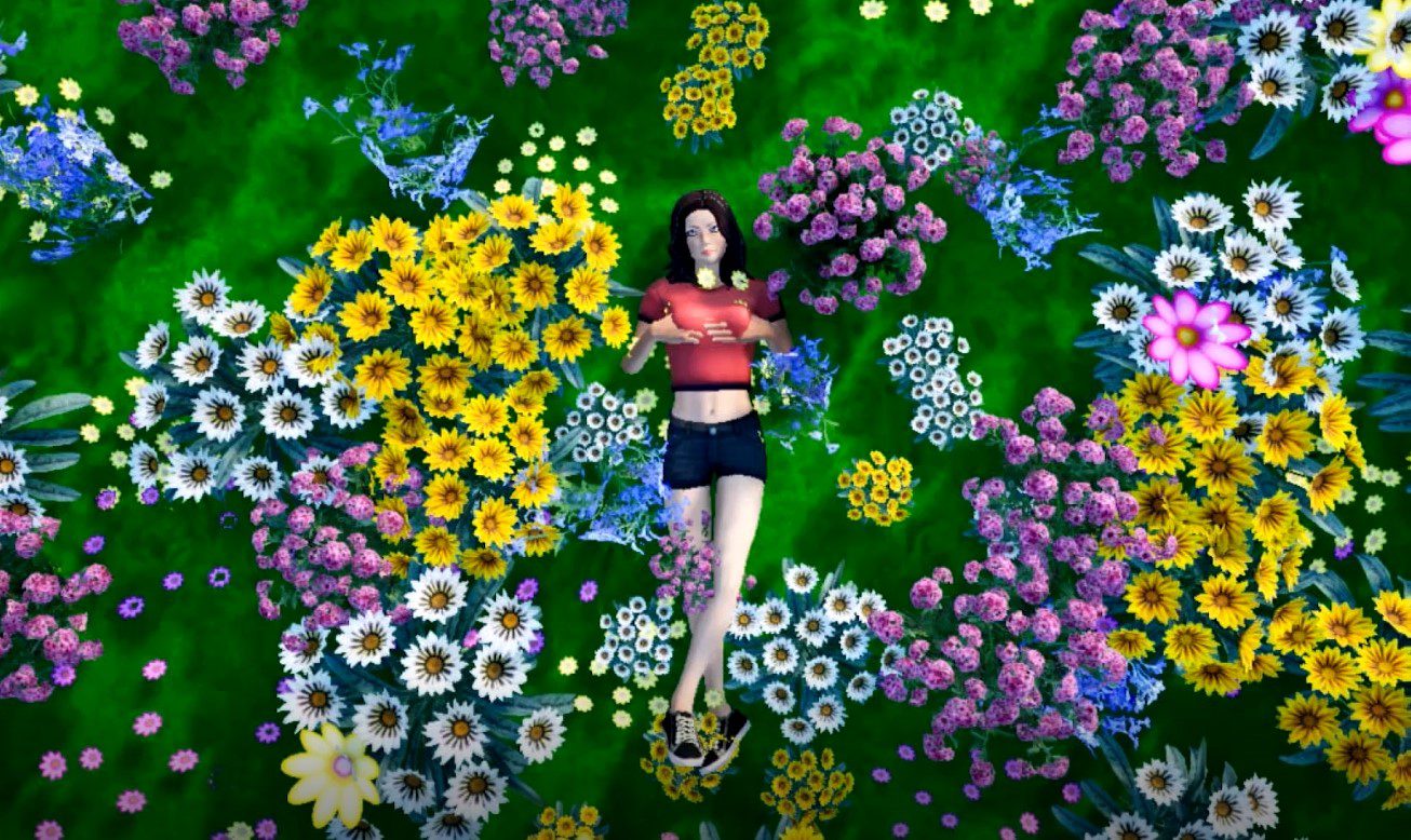 An animated woman in a pink top lying on top of flowers